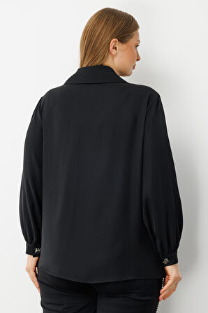 Moda İlgi Kadın Büyük Beden Yaprak Desenli Boncuk Detaylı Takma Kol Gömlek 0052 Siyah