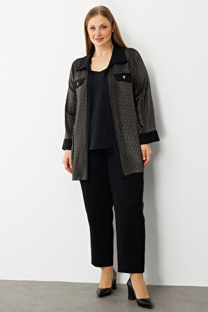 Moda İlgi Kadın Büyük Beden Cep Kapaklı Desenli İkili Takım 0303 Siyah