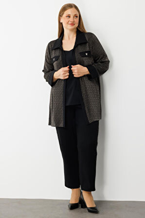 Moda İlgi Kadın Büyük Beden Cep Kapaklı Desenli İkili Takım 0303 Siyah