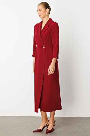 Moda İlgi Kadın Beli Aksesuarlı Cepli Kruvaze Elbise 6626 Bordo