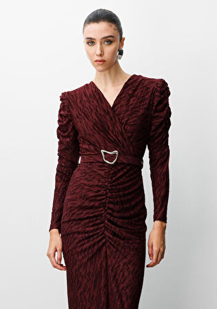 Moda İlgi Kadın Kruvaze Büzgü Detaylı Jakar Yakma Kumaş Beli Kemerli Kalem Elbise 0022 Bordo