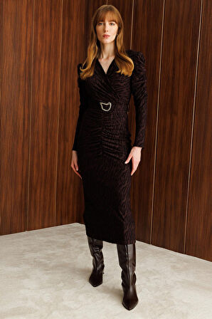 Moda İlgi Kadın Kruvaze Büzgü Detaylı Jakar Yakma Kumaş Beli Kemerli Kalem Elbise 0022 Kahverengi