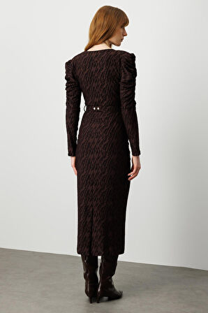 Moda İlgi Kadın Kruvaze Büzgü Detaylı Jakar Yakma Kumaş Beli Kemerli Kalem Elbise 0022 Kahverengi