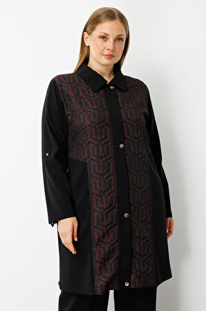 Moda İlgi Kadın Büyük Beden Ön Kapama Çıtçıtlı Fermuarlı Gofre Kumaş Tunik 0017 Bordo