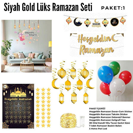 Siyah Gold Lüks Hoşgeldin Ramazan Temalı Stickerlı Ledli Süsleme Seti 7 Parça (Paket:1)