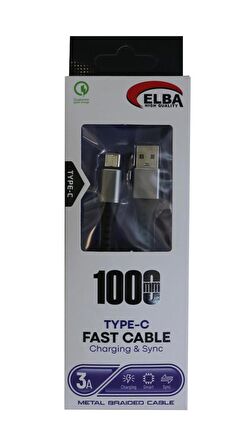 Elba Elb34-Typ Type-c 1mt 3A Hızlı Şarj Hasırlı Siyah Kablo