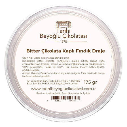 Bitter Çikolata Kaplı Fındık Draje 175 Gr