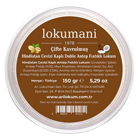 Hindistan Cevizi Kaplı Çifte Kavrulmuş Duble Antep Fıstıklı Lokum 150 Gr