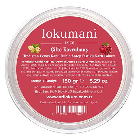 Hindistan Cevizi Kaplı Çifte Kavrulmuş Duble Antep Fıstıklı Narlı Lokum 150 Gr