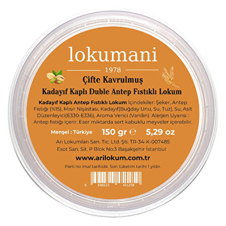 Kadayıf Kaplı Çifte Kavrulmuş Antep Fıstıklı Lokum 150 Gr