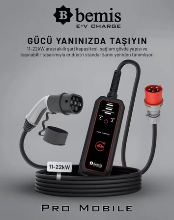 Bemis Pro Mobile Elektrikli Araç Taşınabilir Şarj Cihazı 11-22KW - 15M - Çanta ve Dönüştürücü Hediye