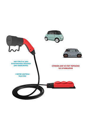 Bemis Citroen Ami ve Fiat Topolino, 3 Metre Uzatmalı, Ac Şarj Kablosu C2L ( Tekli-Ikili-Üçlü Priz Seçenekli)