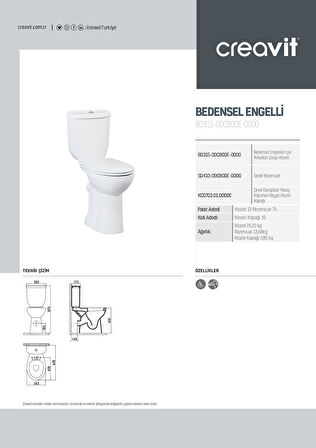 Creavit Bedensel Engelli Arkadan Çıkışlı Klozet + Rezervuar + İç Takım + Çınar Yavaş Kapanan Kapak 4 'lü Set