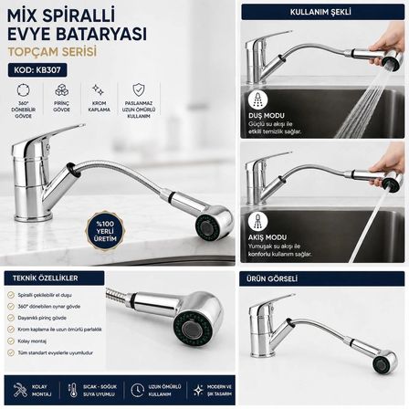 Mix Spiralli Evye Eviye Bataryası Berber Kuaför Bataryası Lavabo Batarya Topçam Serisi KB307