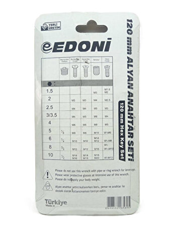 Edoni Eas120 Düz Kısa 10 Pcs Alyan Anahtar Seti 120mm