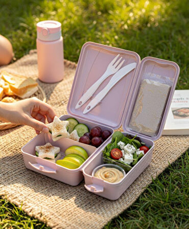 Titiz Takeaway 2 Bölmeli Yemek Kabı - Kaşıklı & Çatal Setli Pratik Yemeği Kabı Lila Rengi