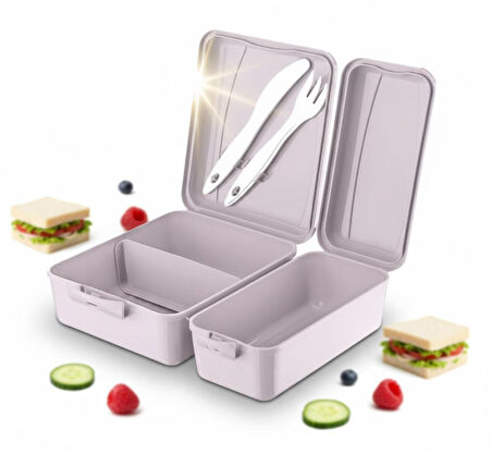 Titiz Takeaway 2 Bölmeli Yemek Kabı - Kaşıklı & Çatal Setli Pratik Yemeği Kabı Lila Rengi