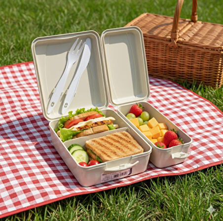 Titiz Takeaway 2 Bölmeli Yemek Kabı - Kaşıklı & Çatal Setli Pratik Yemeği Kabı Krem Rengi