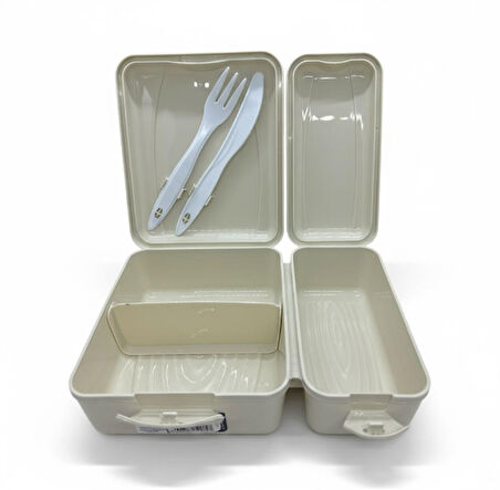 Titiz Takeaway 2 Bölmeli Yemek Kabı - Kaşıklı & Çatal Setli Pratik Yemeği Kabı Krem Rengi