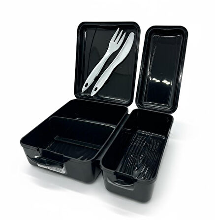 Titiz Takeaway 2 Bölmeli Yemek Kabı - Kaşıklı & Çatal Setli Pratik Yemeği Kabı Siyah Renk