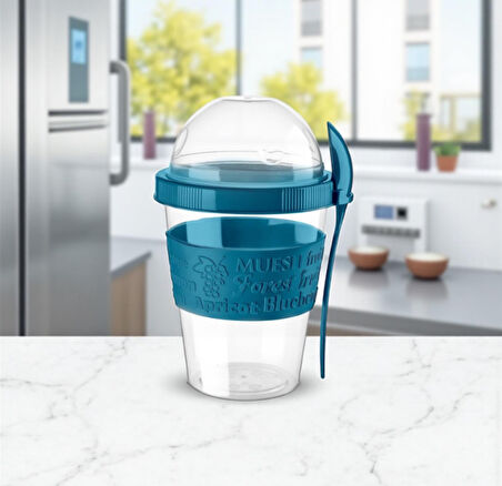 Titiz 600 ml Kaşıklı Yoğurt & Müsli Kabı - Taşınabilir Kase - Mavi