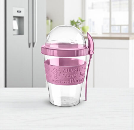Titiz 600 ml Kaşıklı Yoğurt & Müsli Kabı - Taşınabilir Kase - Pembe