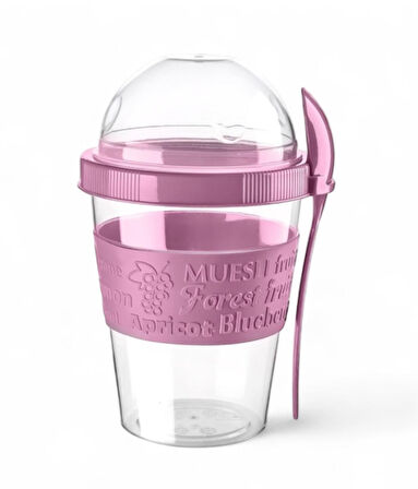 Titiz 600 ml Kaşıklı Yoğurt & Müsli Kabı - Taşınabilir Kase - Pembe