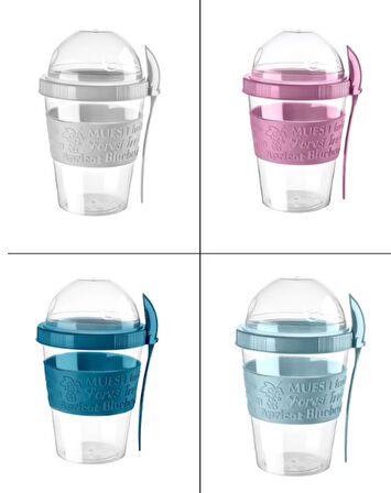 Titiz 600 ml Kaşıklı Yoğurt & Müsli Kabı - Taşınabilir Kase - Pembe