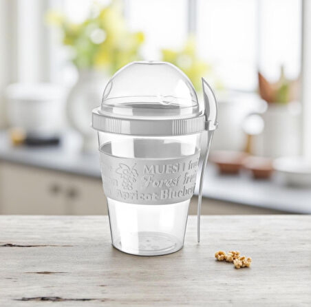 Titiz 600 ml Kaşıklı Yoğurt & Müsli Kabı - Taşınabilir Kase - Beyaz