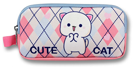 Ümit Çanta Beyaz Pembe Love Cute Cat Desenli Kalem Çantası - Kız Çocuk - 5026