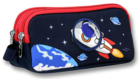 Ümit Çanta Erkek Çocuklar İçin İki Bölmeli Astronot Desenli Kalemlik - Lacivert Kırmızı - 5044