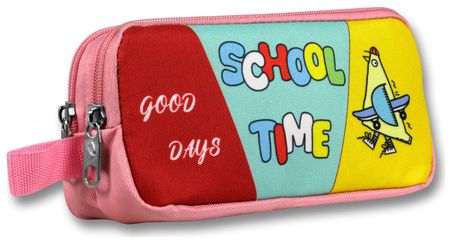 Cennec İki Bölmeli School Time Baskılı Pembe - Yeşil Kız Çocuk Kalem Çantası - 6071