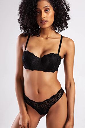 GCOLORS A Plus Siyah Dantelli Destekli Push Up Strapless Sütyen