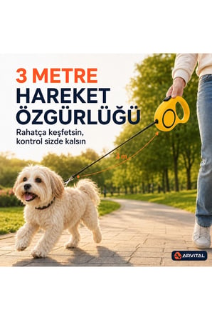 Arvital 3 Metre Otomatik Makaralı Köpek Gezdirme Tasması 20 kg Kapasiteli