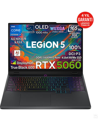 Lenovo Legion 5 15IRX10 Intel Core I7 14700HX 16-GBDDR5 512 GB SSD  RTX5060 8GB (115W) OLED 15.1" WQXGA (2560X1600) 165Hz  FreeDos 83LY00KXTRAT4