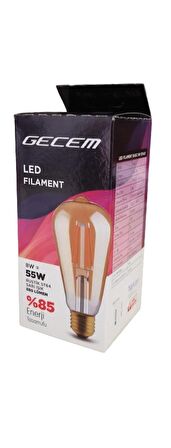 Gecem 8W Rustik LED Fılament Ampul ST64 Sarı Işık 2700K 880 Lümen 3 Lü Paket