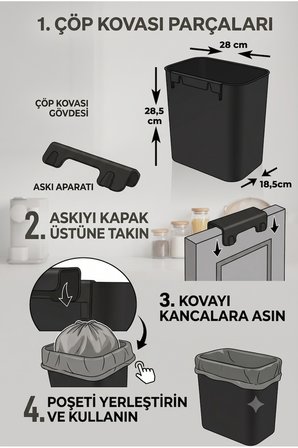 15 Litre Kapaksız Banyo , Mutfak ve Ofis Çöp Kovası Dolap Kapağı Asma Aparatlı Çöp Kutusu Tezgahüstü Çöp Kovası
