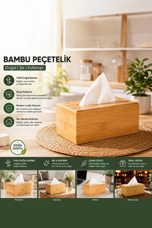 Porsima 0006 Bambu Peçetelik Ahşap Dekoratif Peçetelik Masaüstü Peçetelik Peçete Düzenleyici Peçete Kutusu
