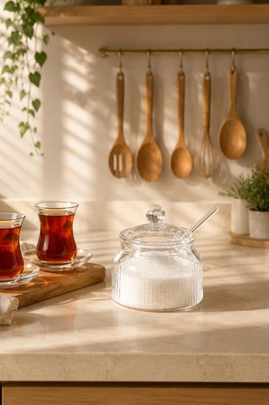 Porsima LM-0018 Kaşıklı Kapaklı Cam Şekerlik Sunumluk Bal Ve Reçel Kavanozu Saklama Kabı 200ml