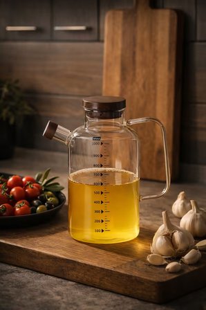 Porsima LM-0108 Verra Kapaklı Borosilikat Cam Yağlık Sirkelik Yağdanlık Şişesi 1000 ml (1 Litre)