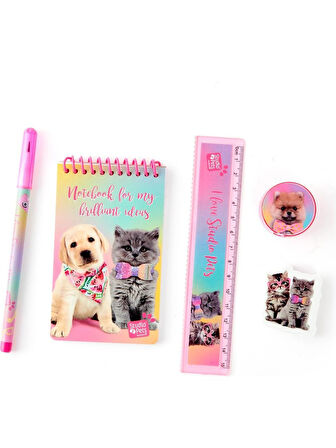 Dolphin Cem Studio Pets Kırtasiye seti kalemtraş,silgi,defter,cetvel,kalem,5 li set PT-7466