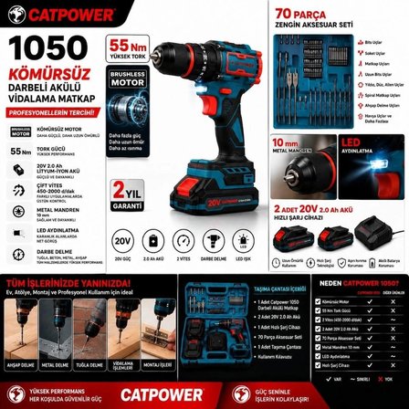 Catpower 1050 Kömürsüz Darbeli Şarjlı Matkap Vidalama 20V 2.0Ah 55 Nm Brushless Çift Akülü 70 Parça Set