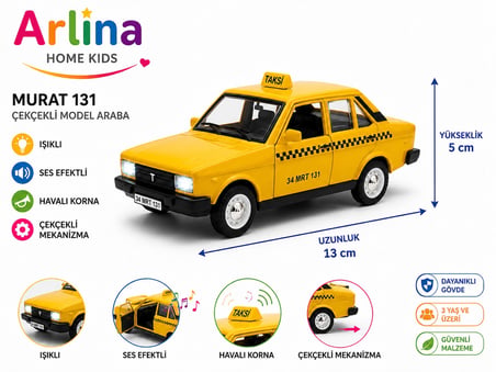 Metal Gövdeli Nostaljik -Havalı Korna Ve Işıklı Murat 131 Taksi Model Araba