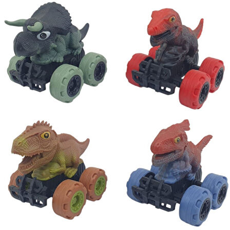 Sürtmeli Dinazor Arabalar 4'lü - 12 cm - Triceratops & Stegosaurus & Triceratops & Parasaurolophus