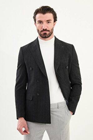 Mcr Çizgili Slim Fit Geniş Yaka Kruvaze Yün Erkek Ceket 41476