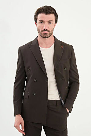 Mcr Düz Slim Fit Geniş Yaka Kruvaze Erkek Takım Elbise Kahve - 45392.25Y