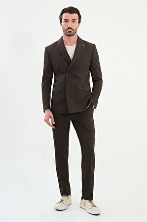 Mcr Düz Slim Fit Geniş Yaka Kruvaze Erkek Takım Elbise Kahve - 45392.25Y