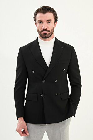 Mcr Düz Slim Fit Geniş Yaka Kruvaze Metal Düğmeli Erkek Ceket 41479