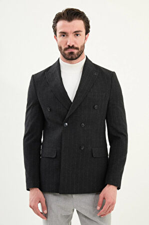 Mcr Çizgili Slim Fit Geniş Yaka Kruvaze Yün Erkek Ceket 41476