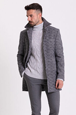 Mcr Erkek Desenli Slim Fit Gömlek Yaka Yün Kaban 21225 Siyah